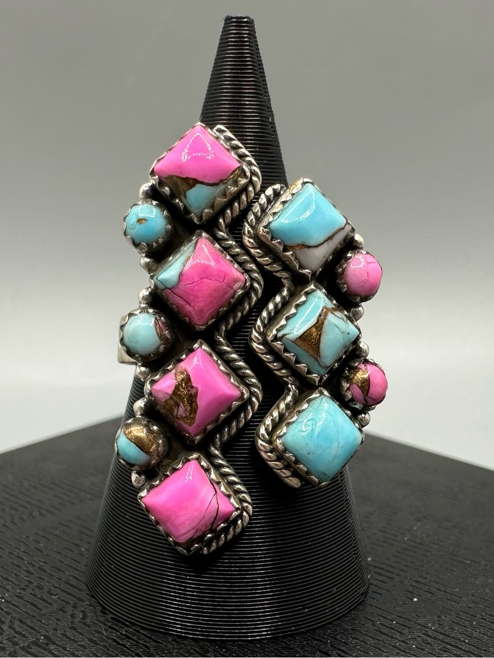 Cotton Candy Dahlia Turquoise Matte Sterling Silver 925 Floater Bypass Ring